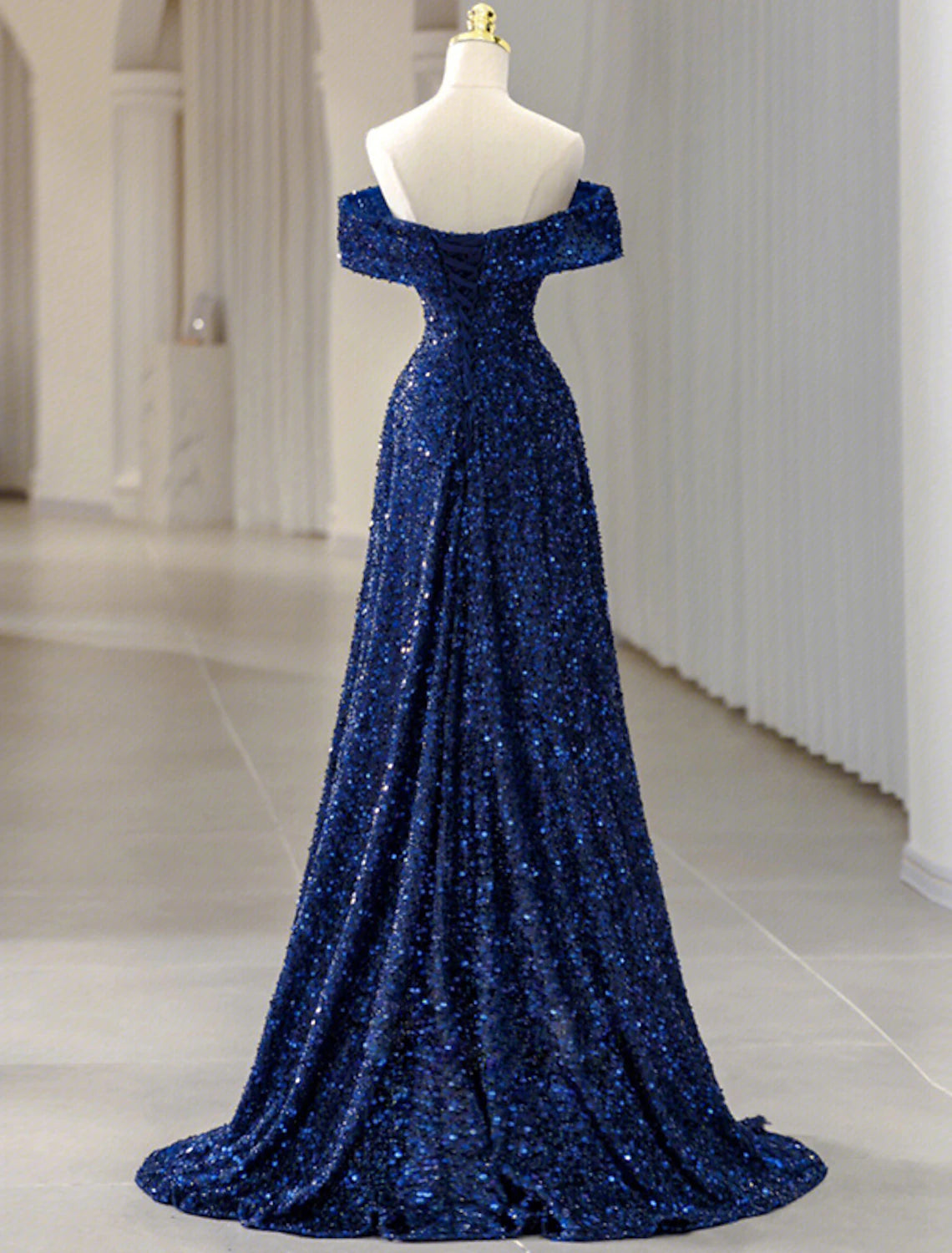 Abito da sera a trapezio, scintillante e brillante, da cerimonia, con strascico a ruota, senza maniche, spalle scoperte, paillettes con glitter